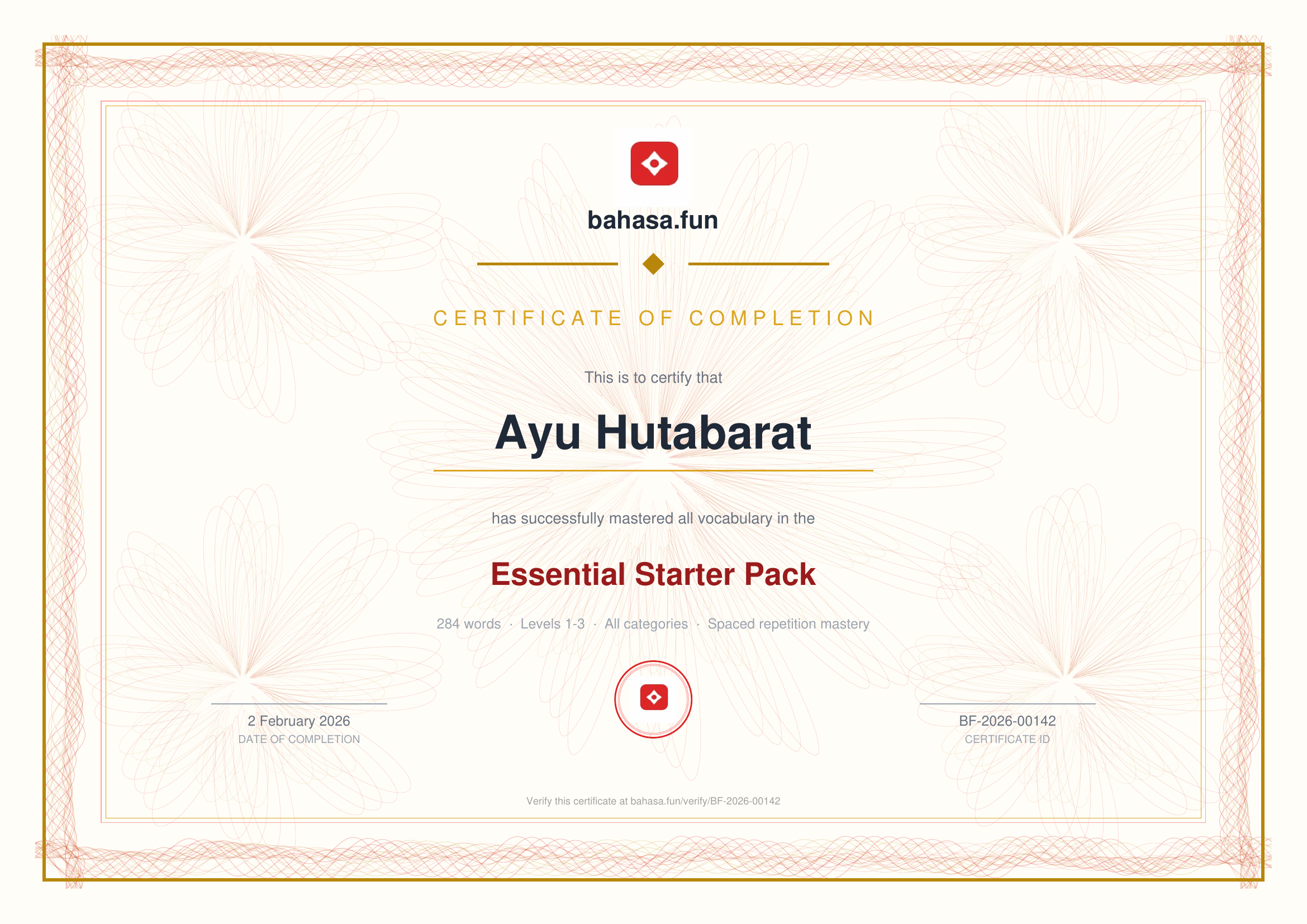 Sample bahasa.fun certificate of completion